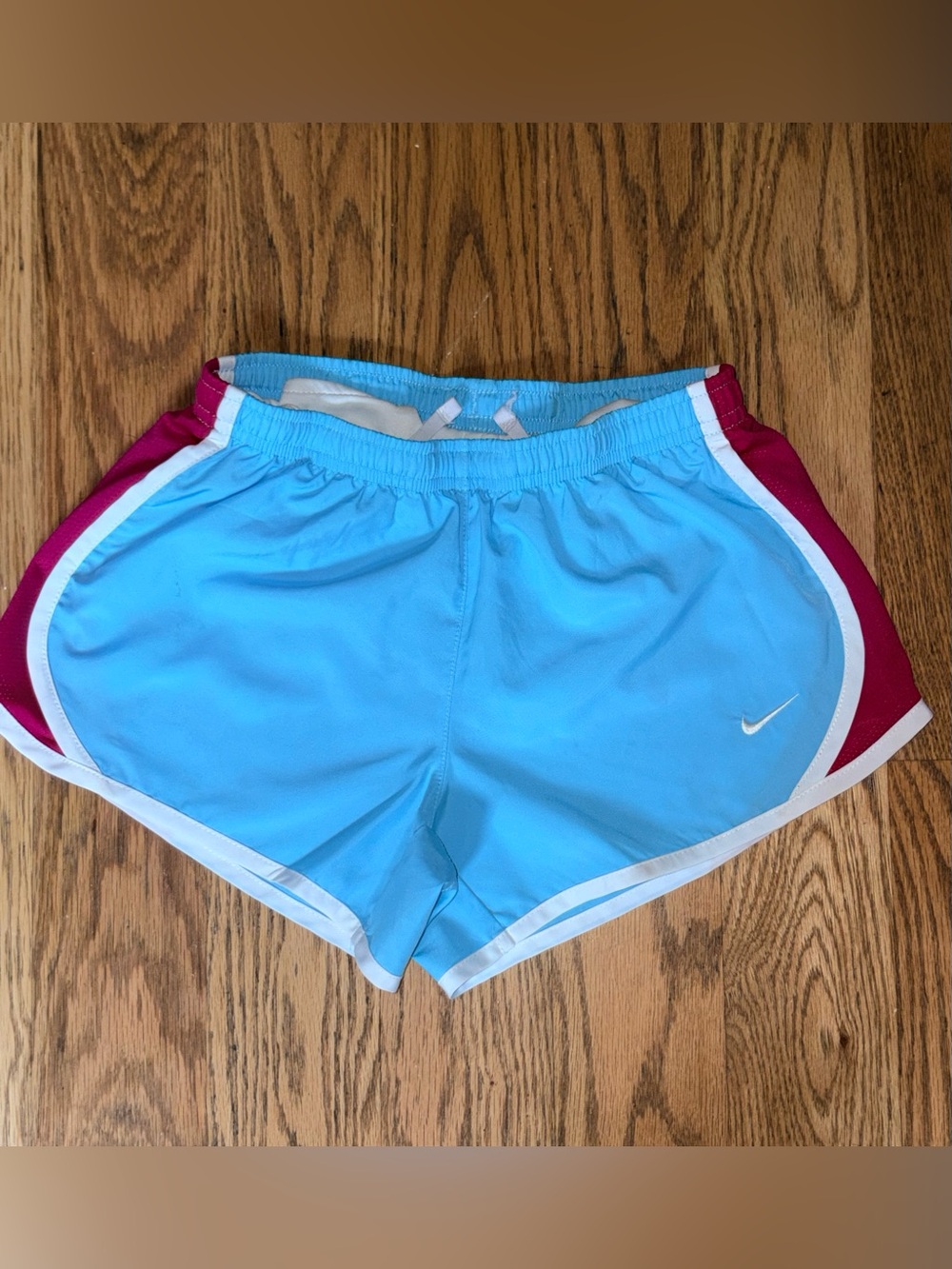 Nike Women's Sky Blue Athletic Shorts with Magenta Side Panels